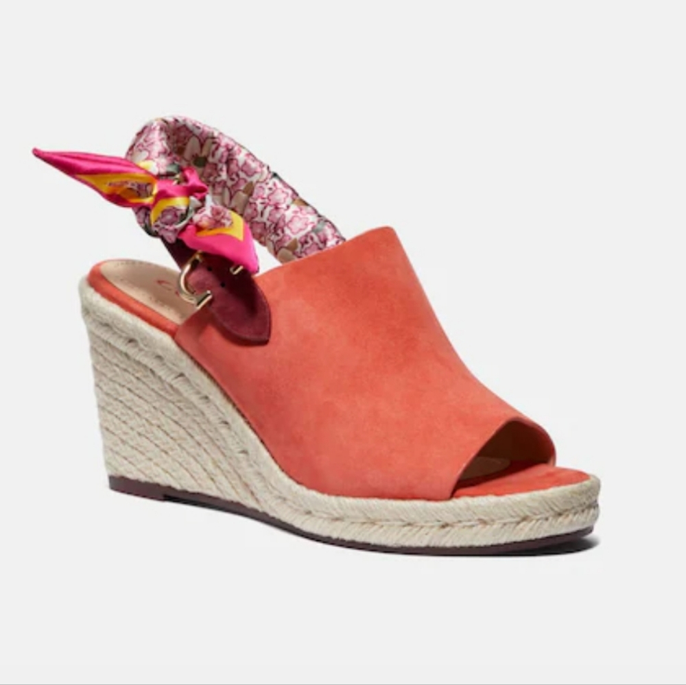 BRAND NEW COACH Poppy Espadrille Wedge Slingback Sandal in Bright Salmon (Coral)